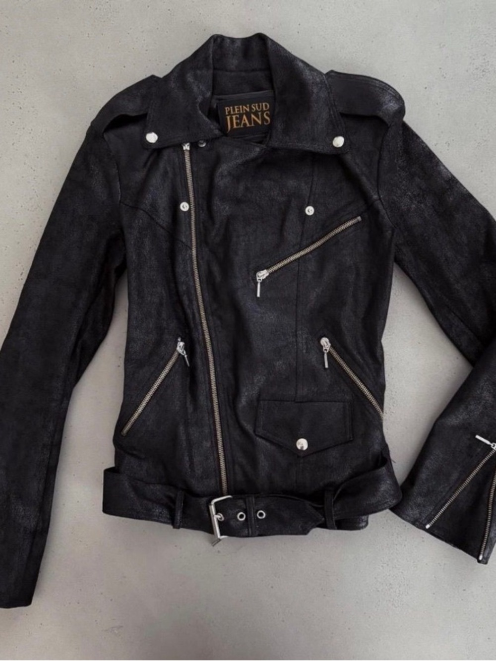 Vintage 90s Archival Plein Sud Jean Black Leather Belted Biker Moto Jacket FR 36